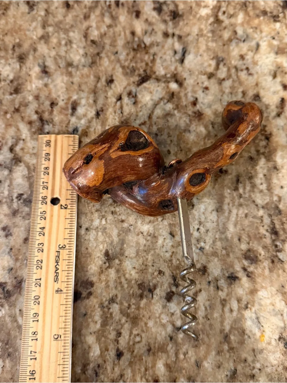 Vintage Burl Root Dark Wood Wine Corkscrew Primitive Rustic Folk Art Barware